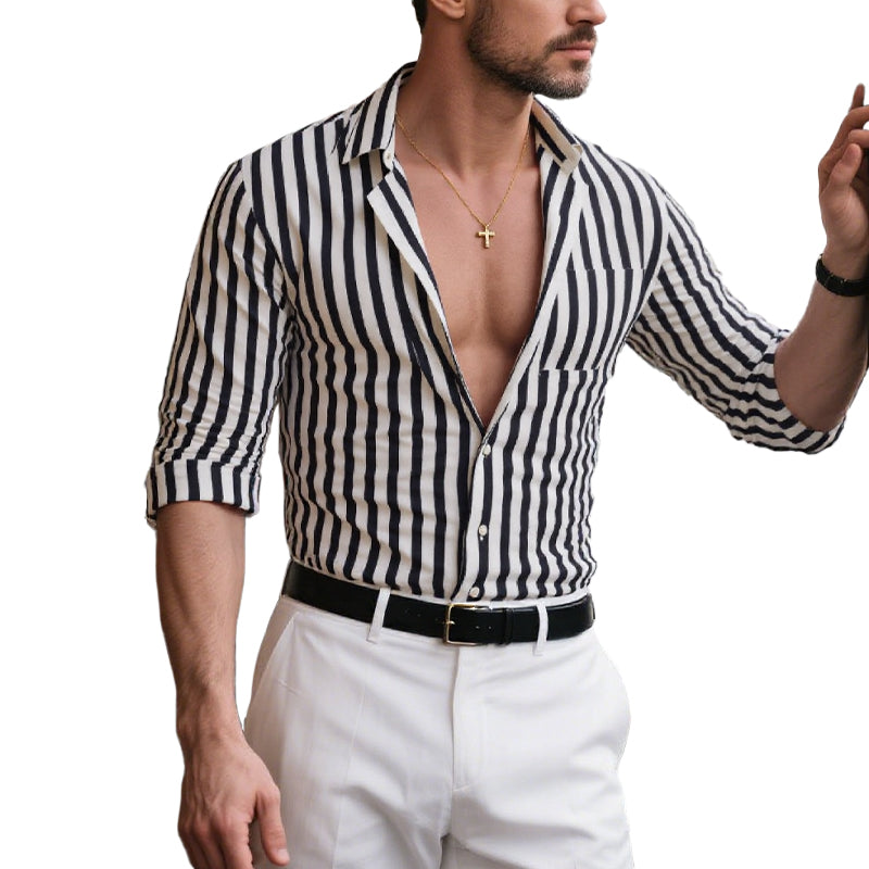 Men's Spring and Summer Fashion Vertical Striped Long Sleeve Shirt 9922016379064