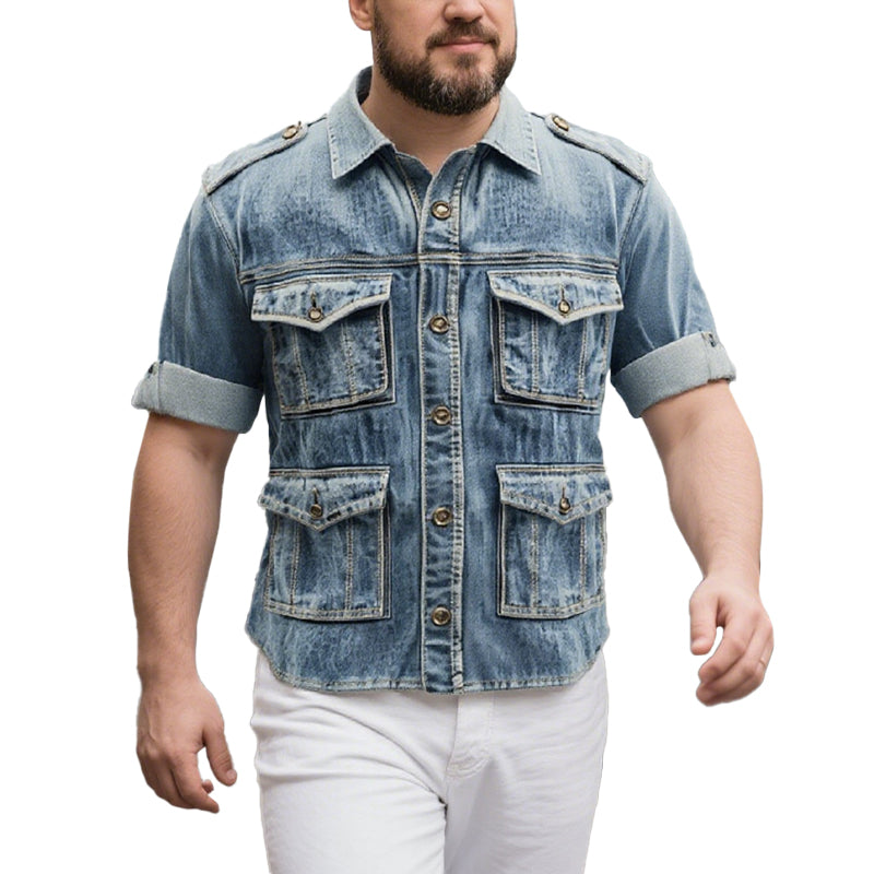 Men's Turndown Collar Long Sleeve Flap Pocket Denim Safari Shirt 9951401017528