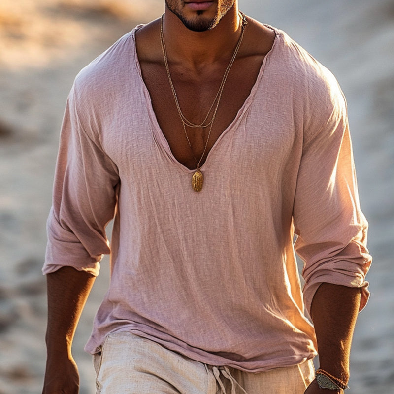 Men's Retro Casual Cotton and Linen V-neck Long Sleeve Shirt 9905397694648