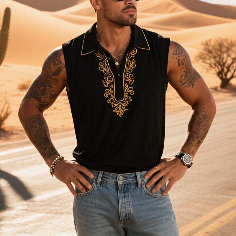 Men's Floral Embroidered Sleeveless Summer Trendy Polo Vest 250600955