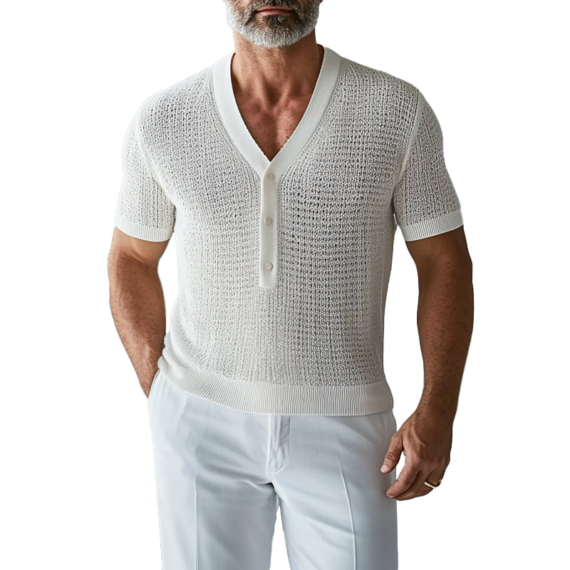 Men's V Neck Half Button Short Sleeve Hollow Knitted Shirt 9951401279672