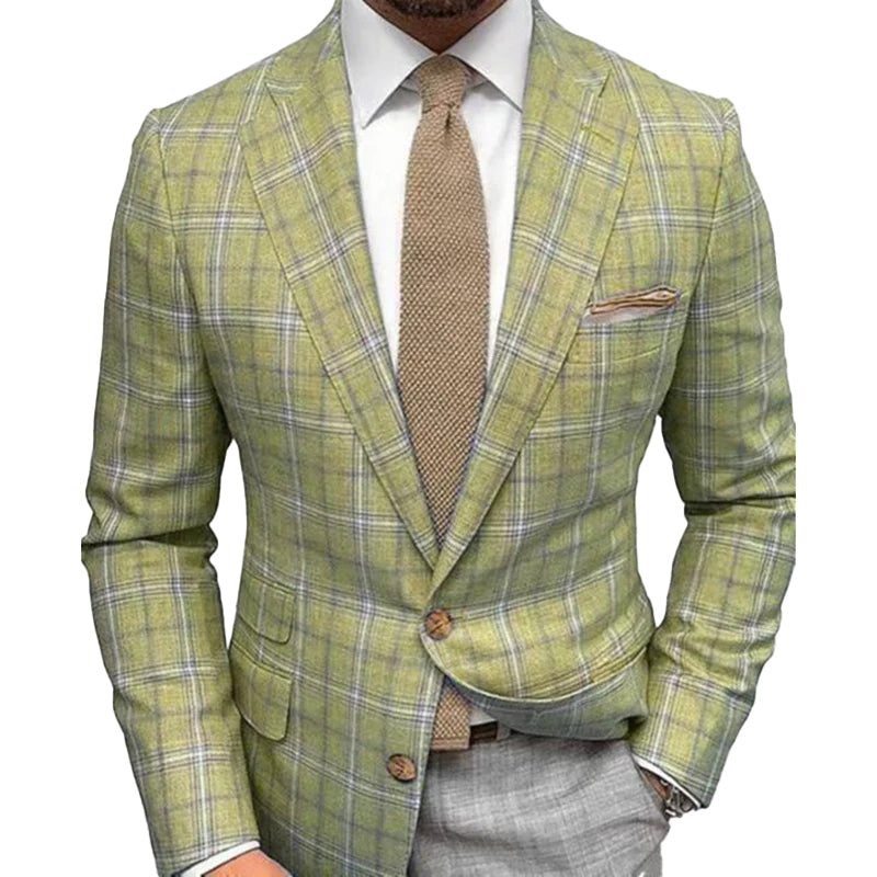 Business Plaid Lapel Collar Two Buttons Long Sleeve Blazer 9888555925688