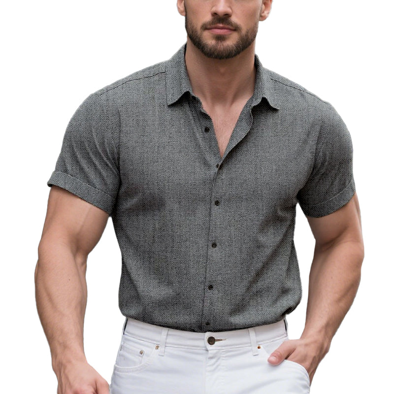 Men's Solid Color Lapel Cotton Linen Short Sleeve Shirt 9261774897336