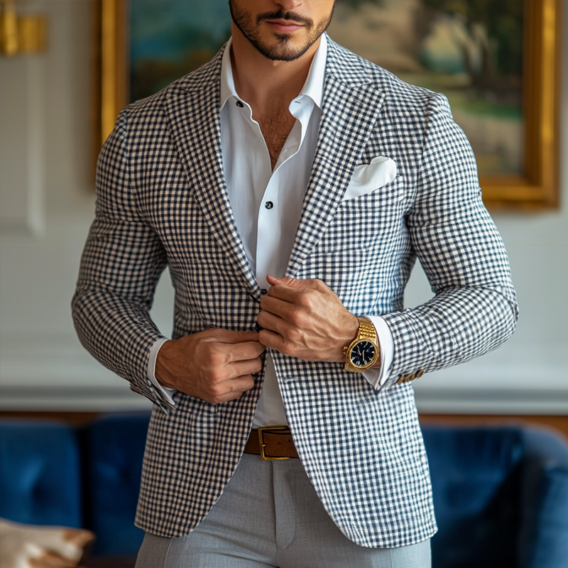 Men's Fashion Spring Summer Checked Notch Lapel Two Buttons Blazer 9909012136120
