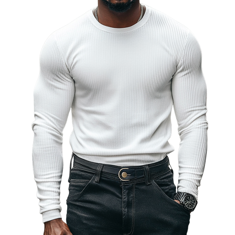 Men's Retro Casual Solid Color Striped Round Neck Long Sleeve T-Shirt 9903251194040