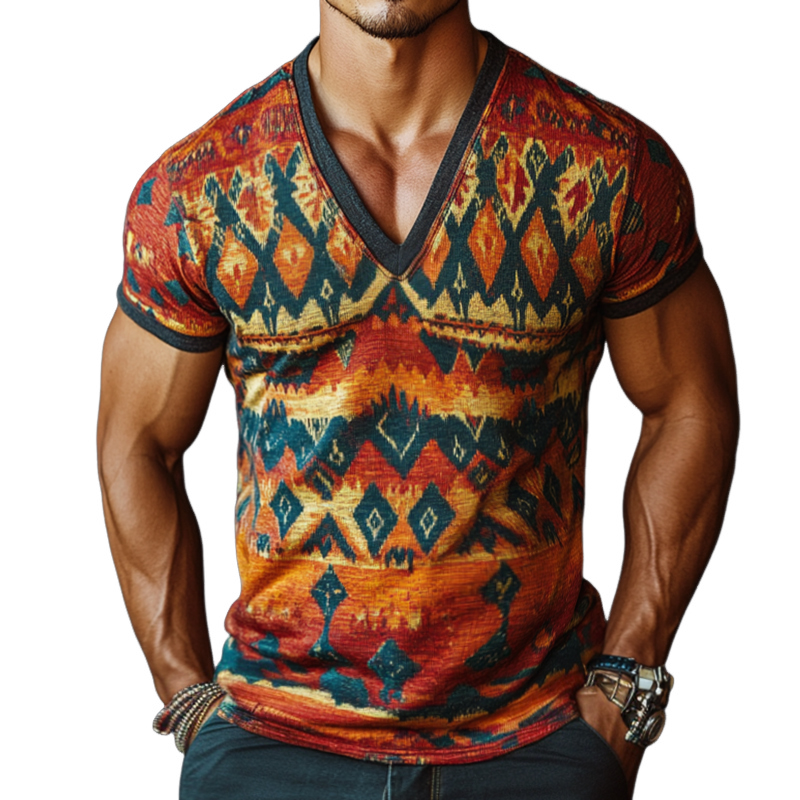 Men's Retro Casual Ethnic Style Geometric Print V-Neck Short Sleeve T-Shirt 9899720147128