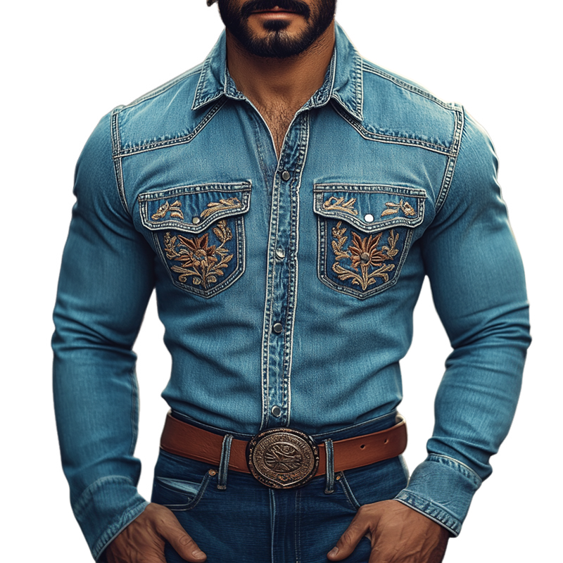 Men's Western Cowboy Style Embroidered Lapel Chest Pocket Long Sleeve Denim Shirt 9905398415544