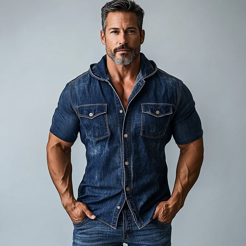 Men's Denim Button Chest Pocket Short Sleeve Hooded Shirt 9899606900920