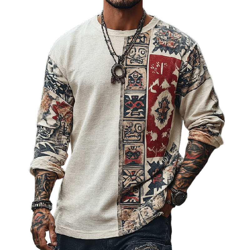 Men's Casual Round Neck Cotton and Linen Printed Long-sleeved T-shirt 9902008008888