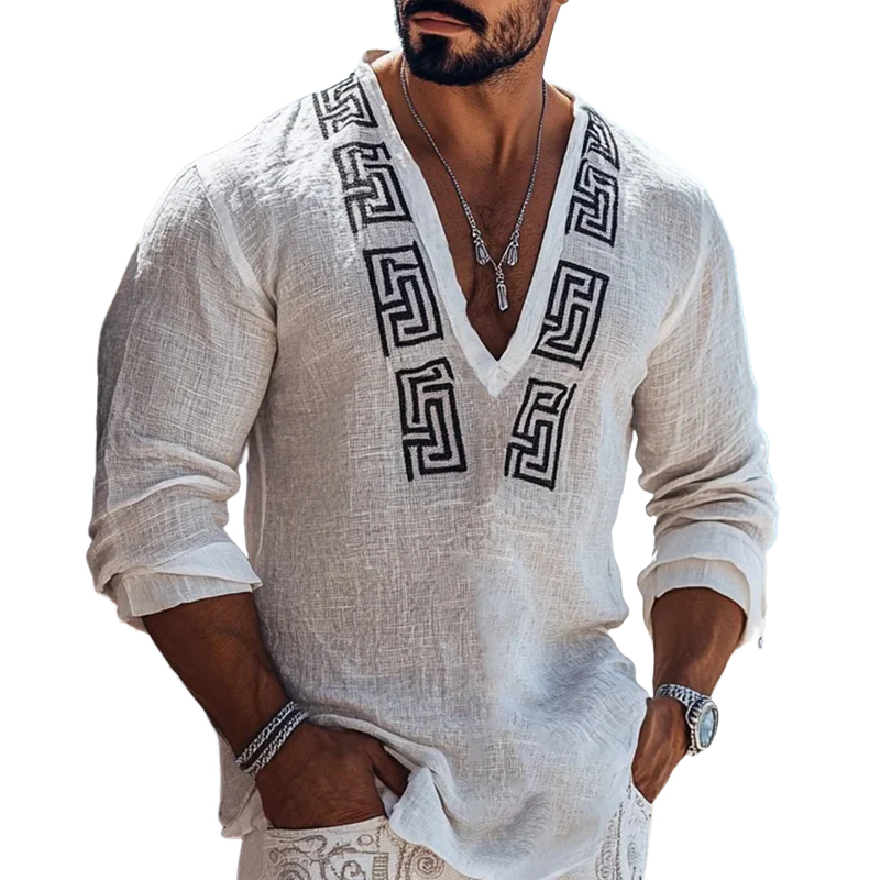 Men's Fashion Embroidery V Neck Long Sleeve Cotton And Linen Shirt 9899715264696