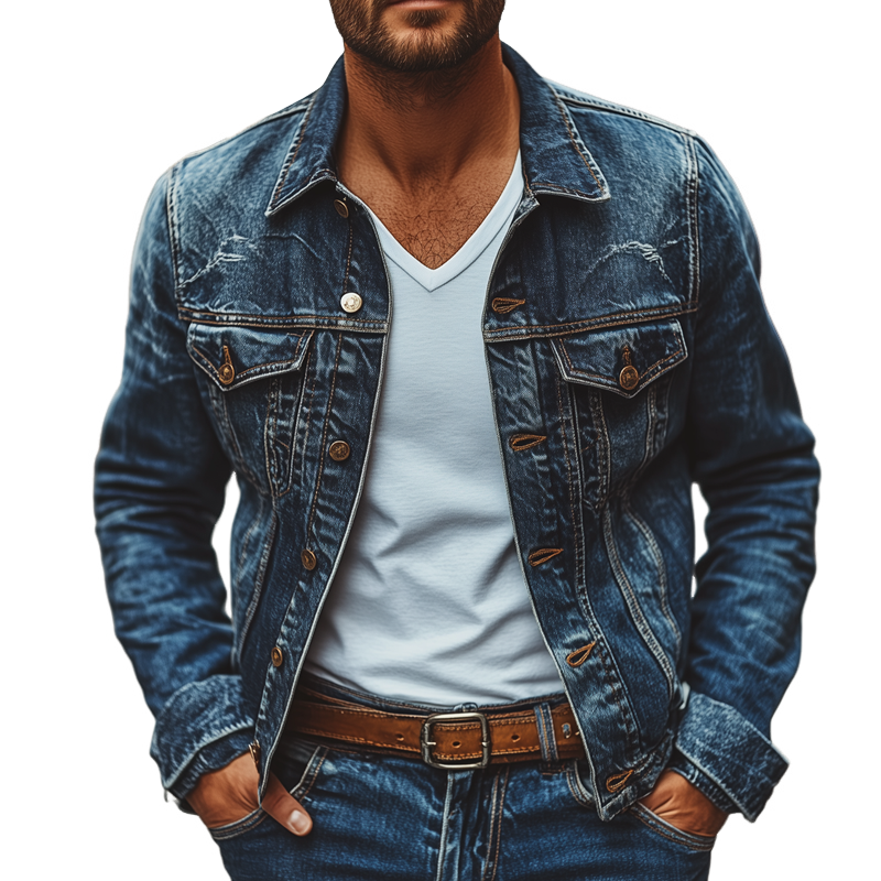 Men's Fashion Distressed Lapel Single Breasted Denim Jacket 9902010859704