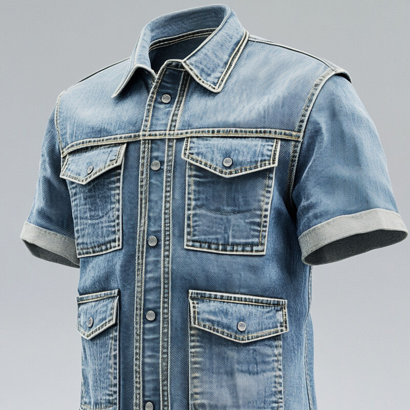 Men's Turndown Collar Button Pockets Short Sleeve Denim Safari Shirt 9913235275960
