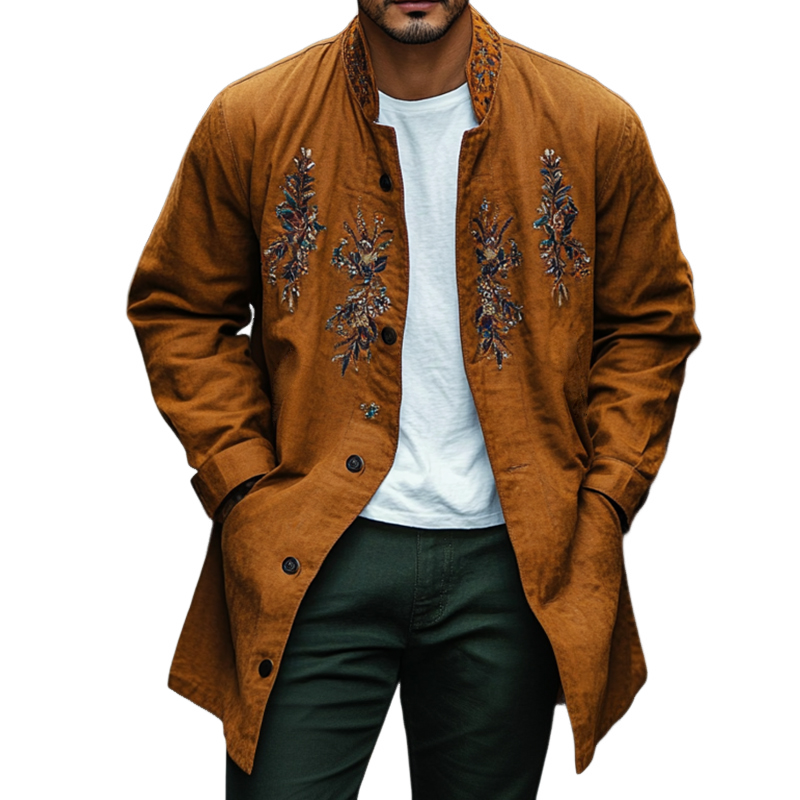 Men's Vintage Casual Embroidered Linen Stand Collar Single Breasted Jacket 9901325549752