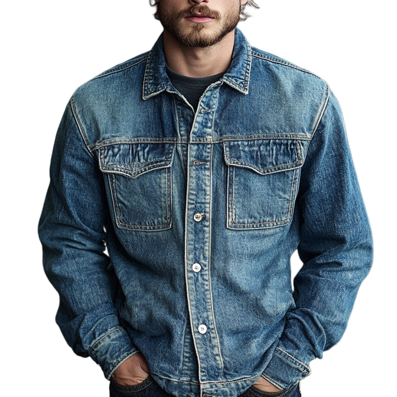 Men's Vintage Washed Blue Denim Jacket 9899737940152