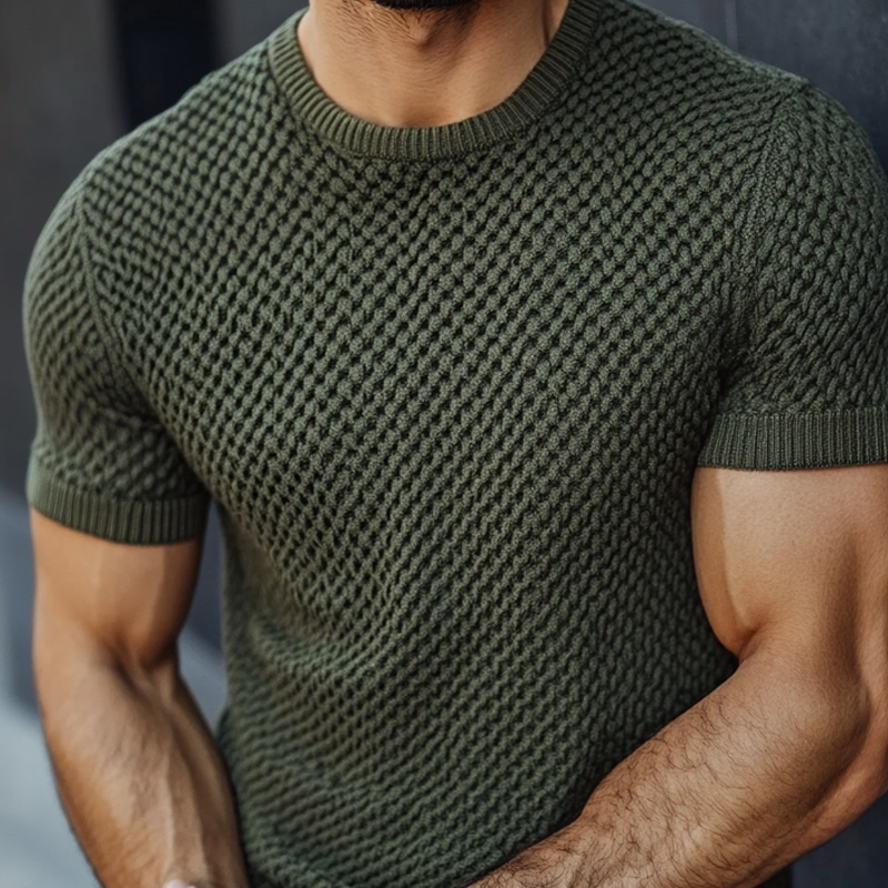 Men's Fashion Solid Knit Round Neck Short Sleeve Casual Sweater 9918990942392
