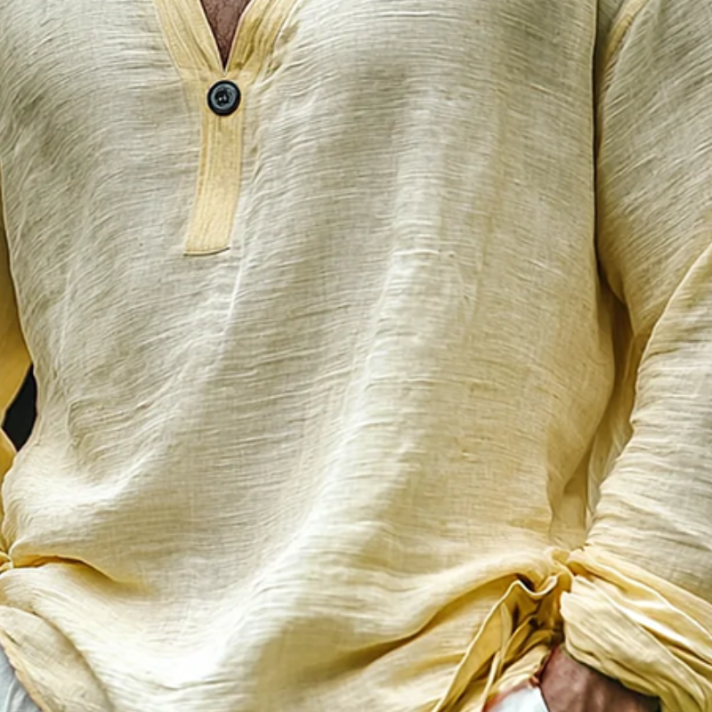 Men's Casual Skin-friendly Holiday Cotton and Linen V-neck Long-sleeved Shirt 9899721261240