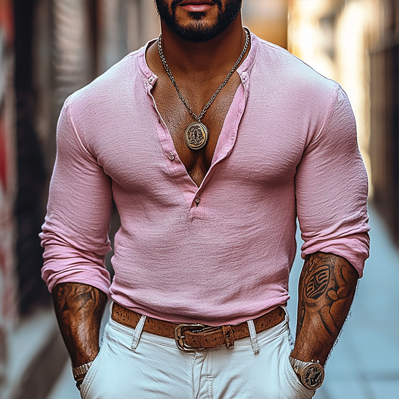Men's Solid Color Henley Collar Long Sleeve Casual T-shirt 9903260303544