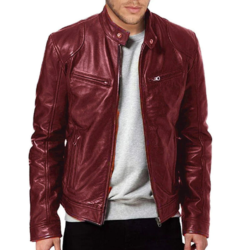 Men's Stand Collar Slim Fit Zip Pocket Leather Jacket 9261077856440