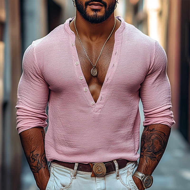 Men's Solid Color Henley Collar Long Sleeve Casual T-shirt 9903260270776