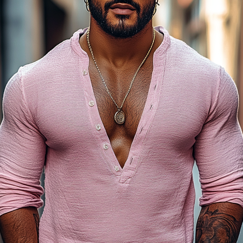 Men's Solid Color Henley Collar Long Sleeve Casual T-shirt 9903260270776