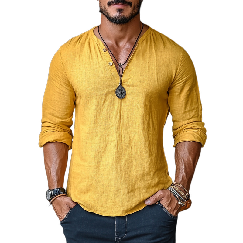 Men's Casual Yellow V-neck Linen Long Sleeve T-Shirt 9899737874616