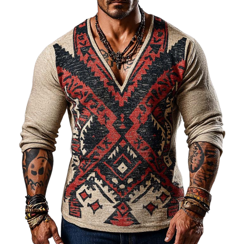 Men's Casual Slim Fit V-Neck Knitted Printed Long Sleeve T-Shirt 9902010597560