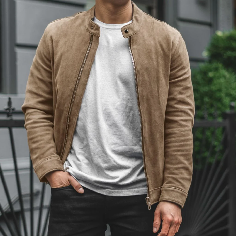 Men's Casual Suede Stand Collar Zipper Slim Jacket 9902010302648