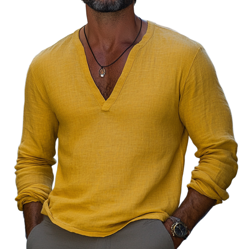 Men's Stylish and Comfortable Linen Solid Color V-neck Long-sleeved T-shirt 9892392534200