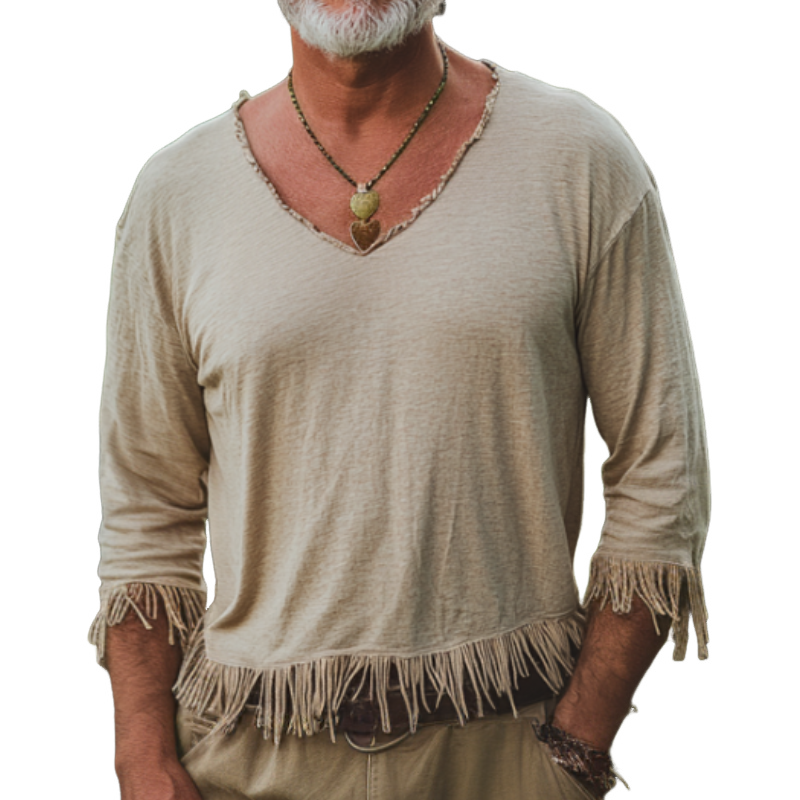Men's Casual Vintage V-neck Cotton Blend Tassel Raw Edge Long-sleeved T-shirt 9912946032824
