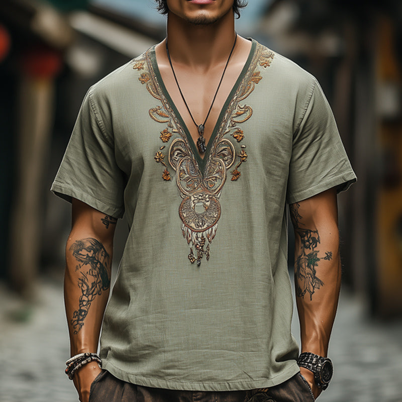 Men's Deep V Neck Olive Cotton and Linen Embroidered Short Sleeve T-Shirt 9911547363512