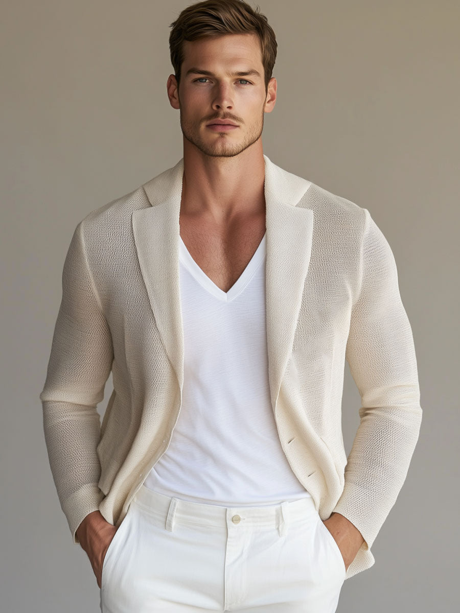 Men's Mesh Solid Color Lapel Stylish Knitted Blazer 9904641638584