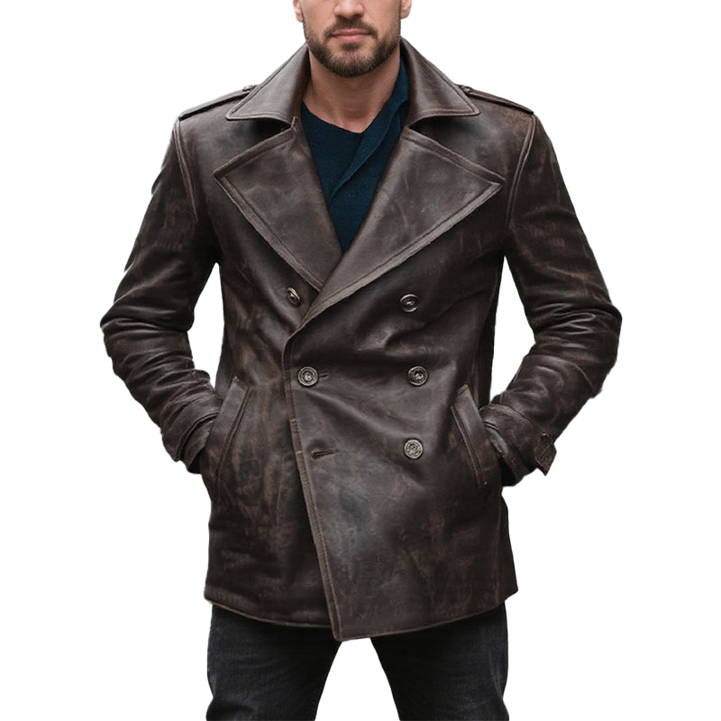 Men's Vintage Distressed Notched Lapel Leather Jacket 9873140121784