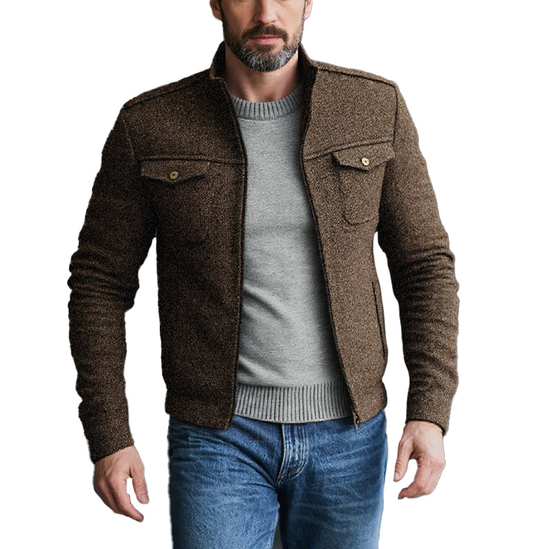 Men's Vintage Herringbone Stand Collar Double Chest Pockets Thin Jacket 9877217509560