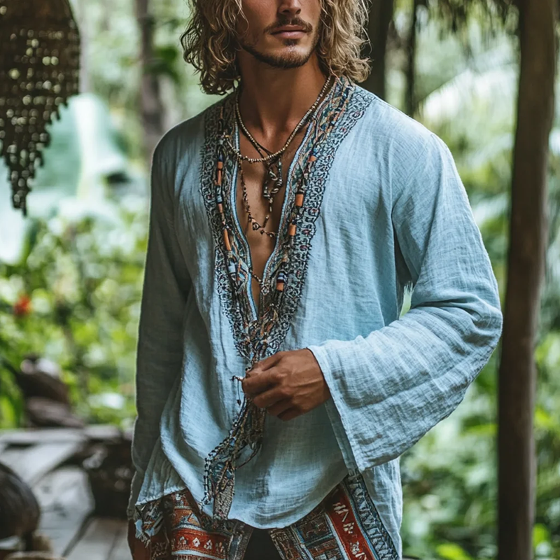 Men's Fashion Ethnic Style Embroidery V Neck Long Sleeve Cotton And Linen Shirt 9899736727736