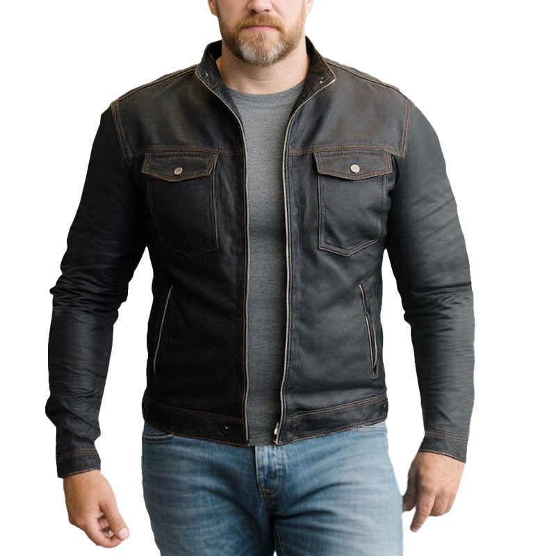 Men's Fashion Multi-Pocket Stand Collar Leather Jacket 9884643492024