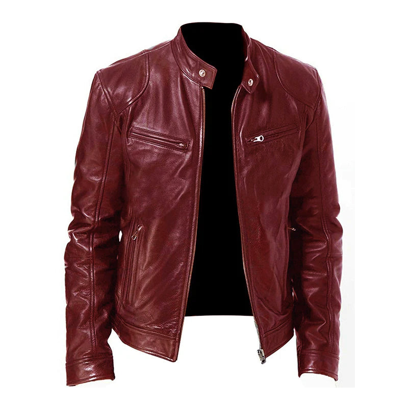Men's Stand Collar Slim Fit Zip Pocket Leather Jacket 9261077856440