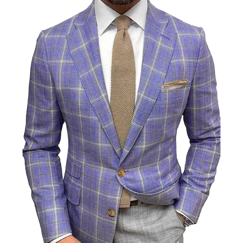 Business Plaid Lapel Collar Two Buttons Long Sleeve Blazer 9888555925688