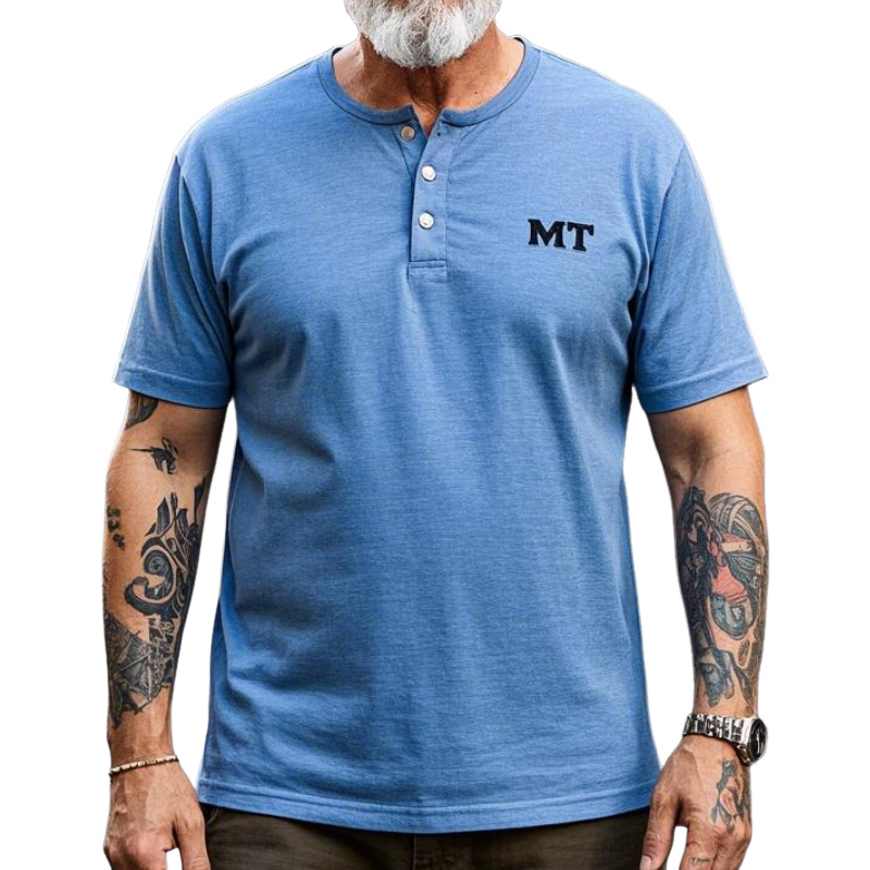 Men's Vintage Casual Henley Collar Cotton Blend Short Sleeve T-Shirt 9903594635448
