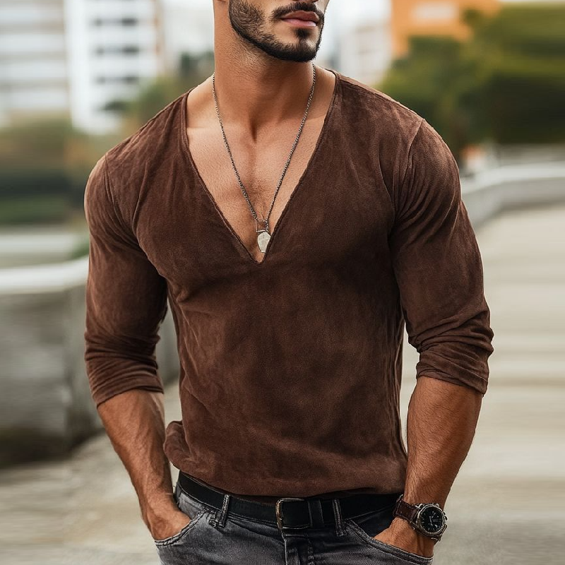 Men's Vintage Suede Deep V Neck Slim Fit Long Sleeve T-Shirt 9902009778360
