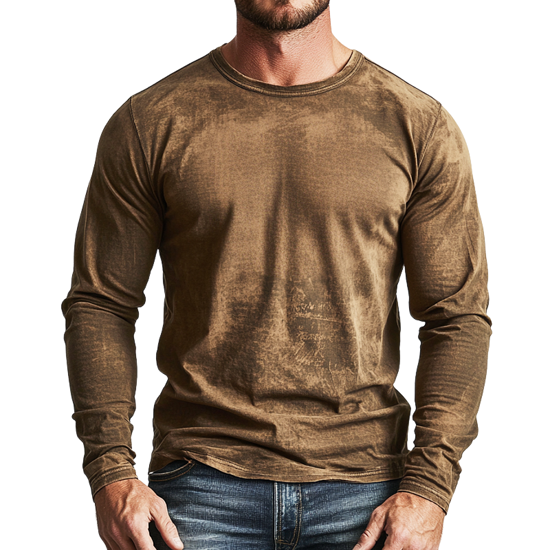 Men's Retro Casual Distressed Printed Round Neck Long Sleeve T-Shirt 9911545954488