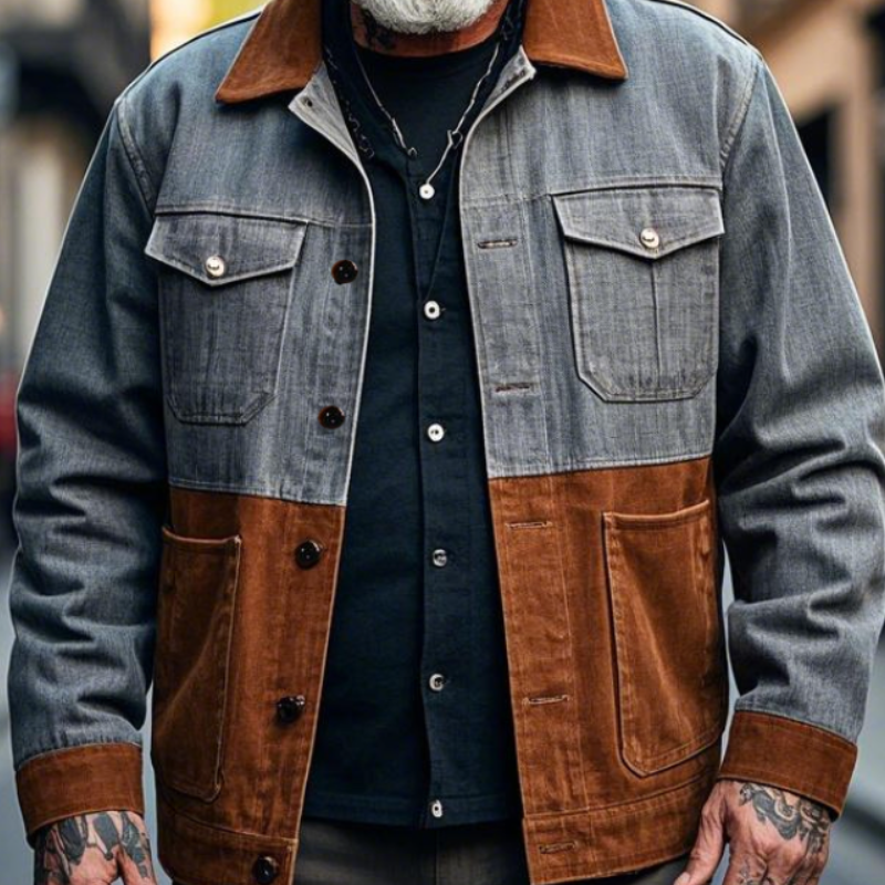Men's Retro Casual Lapel Patchwork Denim Jacket 9903595782328