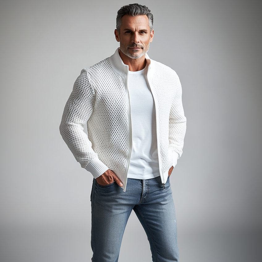 Men's Stand Collar Long Sleeve Hollow Out Knitted Zip Up Jacket 9899606081720