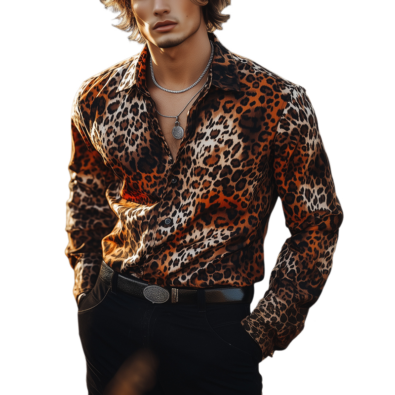 Men's Casual Vintage Leopard Print Long Sleeve Shirt 9905396613304