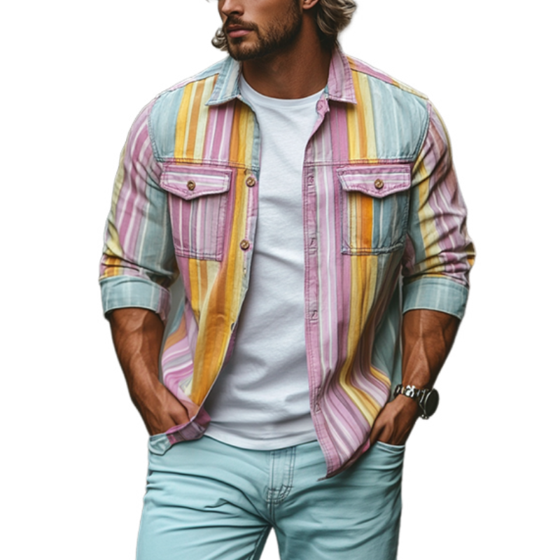 Men's Stylish Casual Contrast Color Vertical Striped Long Sleeve Shirt 9903260827832