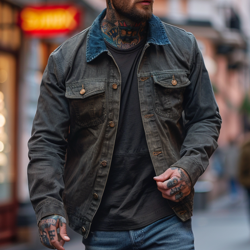 Men's Retro Casual Lapel Colorblock Denim Jacket 9899722342584