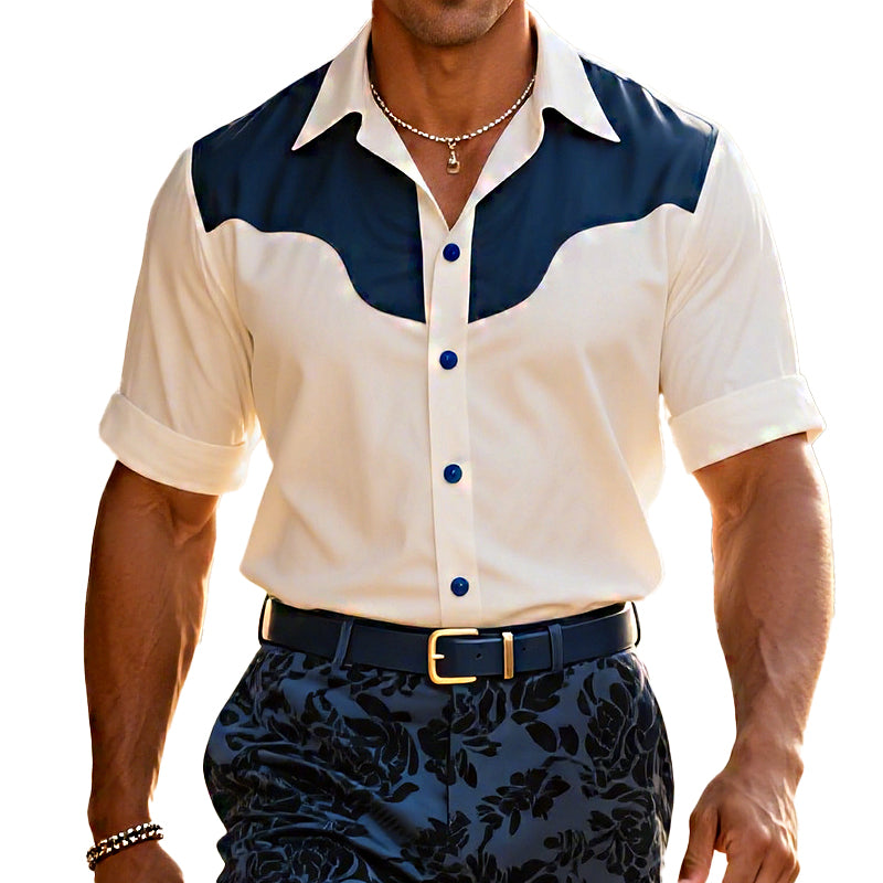 Men's Colorblock Lapel Short Sleeve Button Down Shirt 250401344