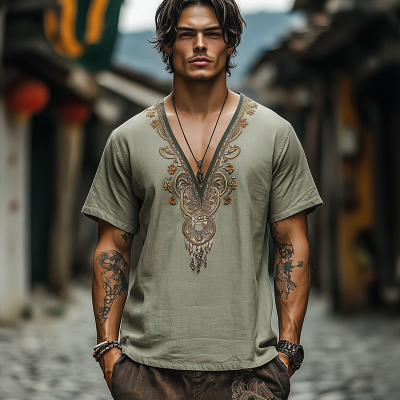 Men's Deep V Neck Olive Cotton and Linen Embroidered Short Sleeve T-Shirt 9911547363512