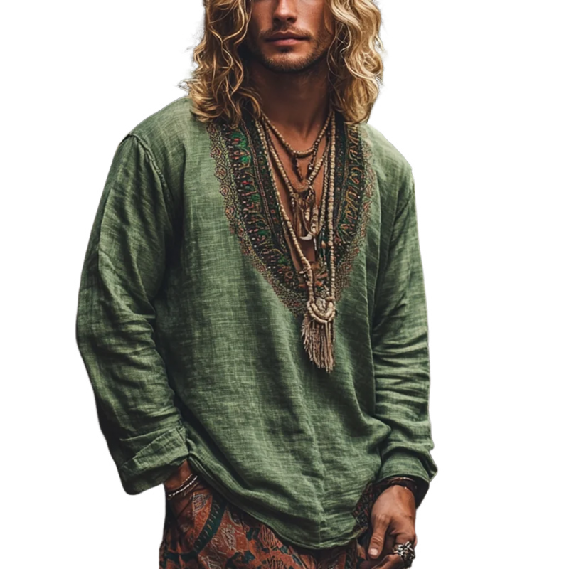 Men's Bohemian Print V Neck Long Sleeve Loose Fit Shirt 9901319651512