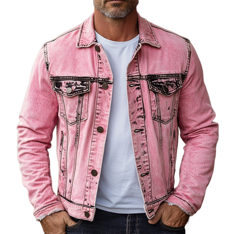 Men's Vintage Pink Tie Dye Slim Fit Denim Jacket 9911547822264