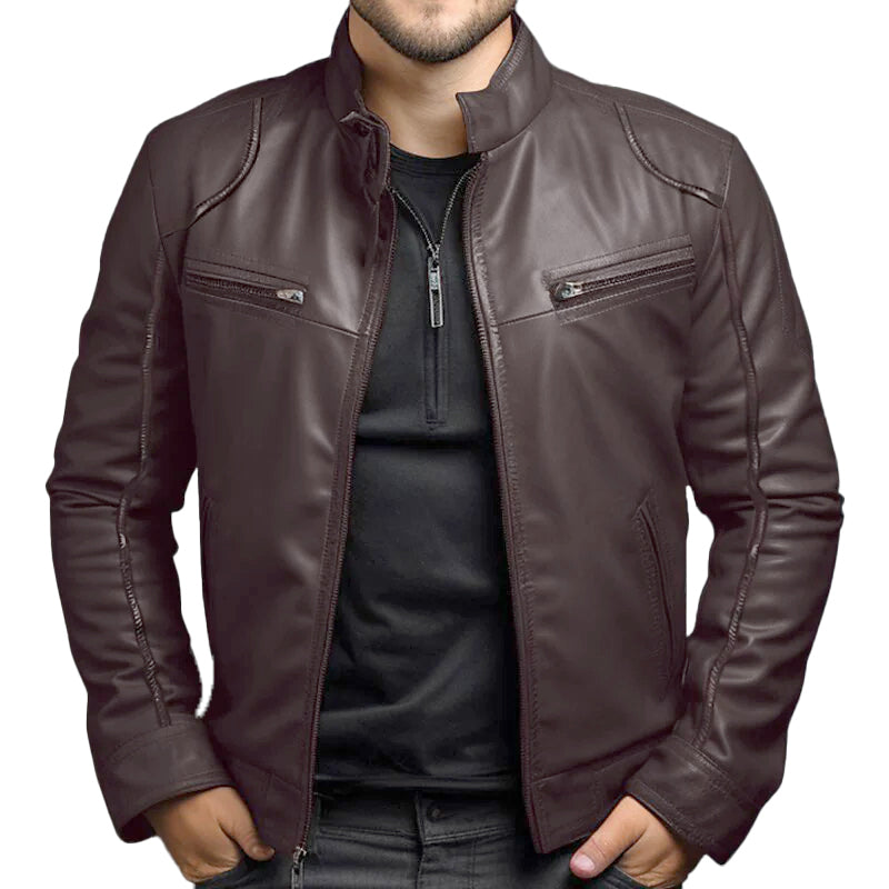 Men's Casual Daily Solid Zipper PU Leather Stand Collar Jacket 9888555794616